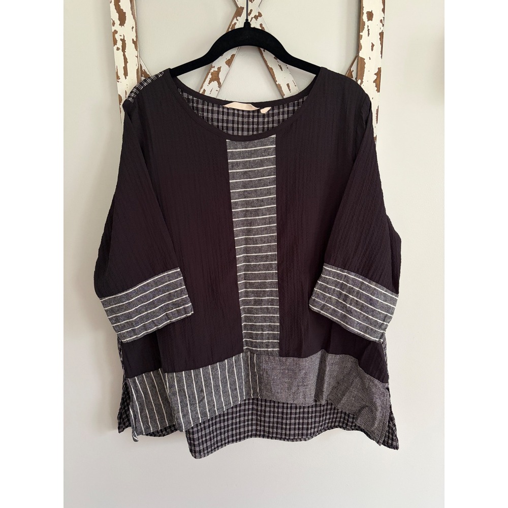 Soft Surroundings Womens Black 3/4 Sleeve Linen Blend Blouse Size Medium